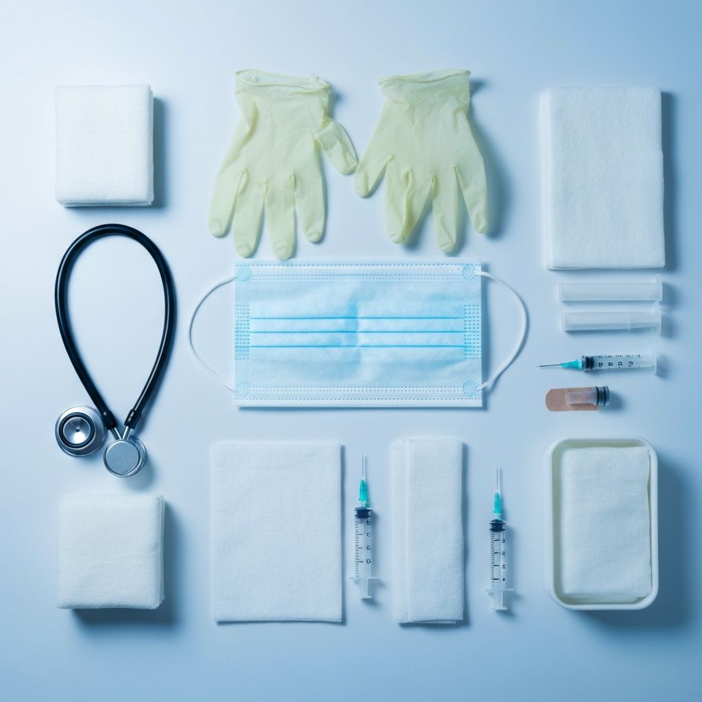 Professional medical supplies arranged on a clean surface